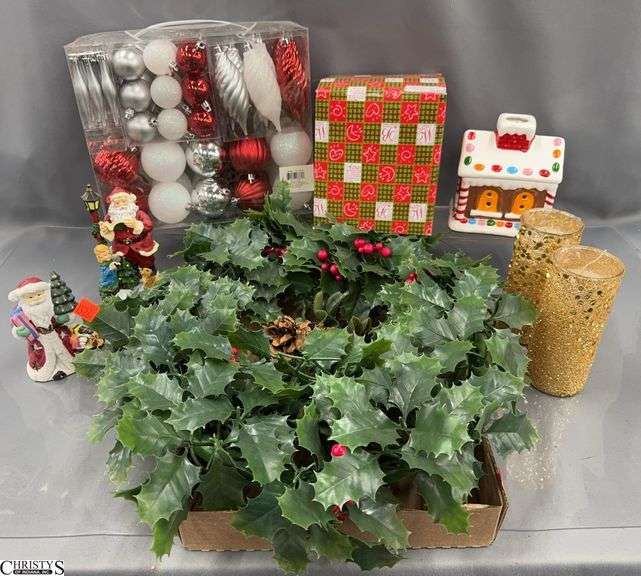 Christmas Ornaments, Artificial Wreath, Music Boxes, Candles, Misc - 15" D of wreath image