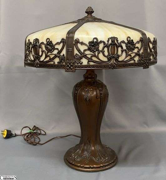 Art Nouveau Bronze Tone Cast Metal Table Lamp w/ Slag Glass Pierced Metal Shade - 22" T of lamp - 18" x 6" of lamp shade - some wear to cord image