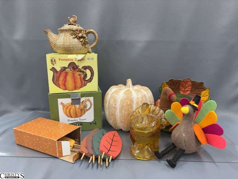 Pumpkin/Turkey Teapots, Glass Lidded Turkey, Turkey Decor - 8" of tallest image