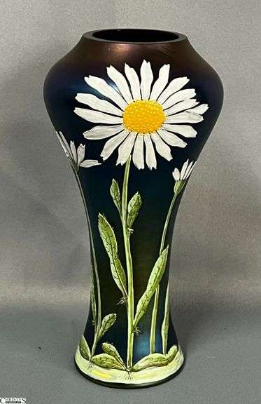 Art Nouveau Hand Painted Iridescent Daisy Motif Glass Vase - 8.5" image