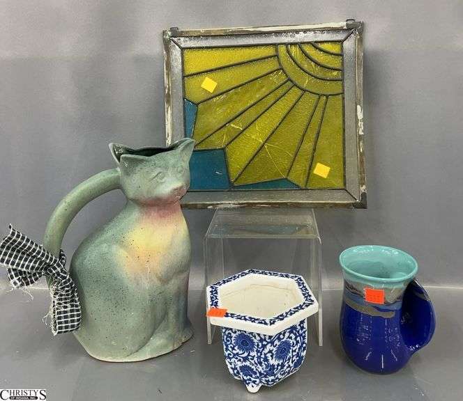 Signed Pottery Cat Pitcher, Mug, Blue and White Planter, Damaged Stained Glass Piece 12x12" image
