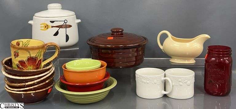 West Bend Bean Pot, Mugs, Fiesta Creamer, Bowls, Mugs, Needs Cleaned image