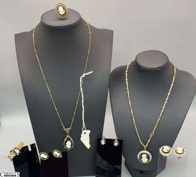Cameo Costume Jewelry Sets and Pieces On Black, Vintage Style image