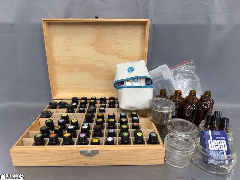 doTerra Essential Oils in Wooden Case w/ Assorted Glass Bottles, Plastic Pipettes, Jars - 14" x 11" of case - Some bottles are new, some have been opened image