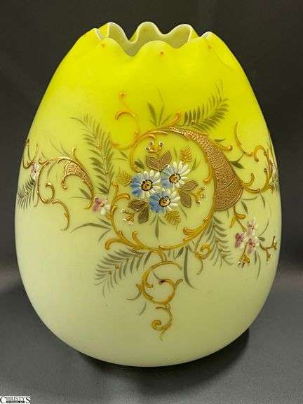 Antique Hand Painted Satin Cased Glass Large Rose Bowl - 8" image