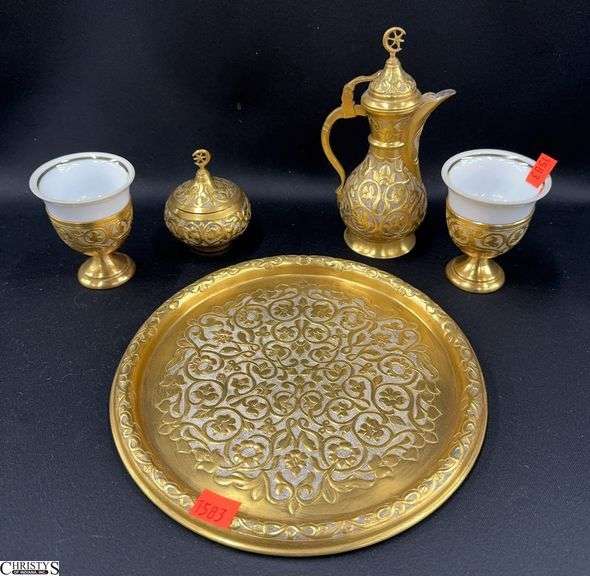 Yugoslavian Embossed Gilt Tone Metal Coffee Set - 8" D of tray image
