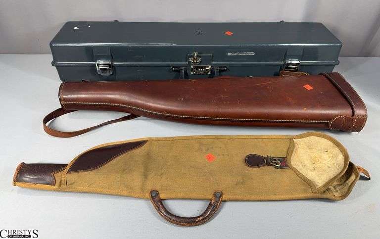 Vintage John Hall Plastics Hard Shell Gun Case, Canvas and Leather Takedown Gun Case and a Leg-O-Mutton Case image