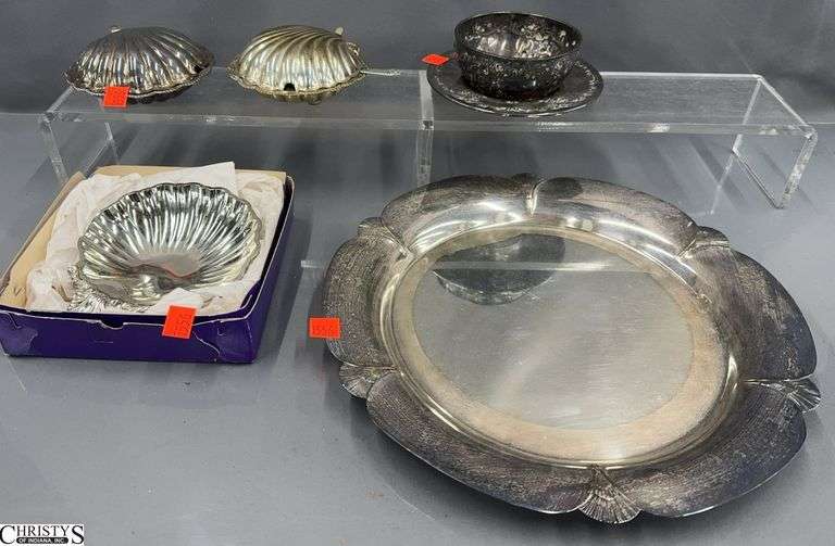 Silverplate Tray, Shell Motif Condiment, Small Bowl & Saucer, - 5pcs - 13" of largest image