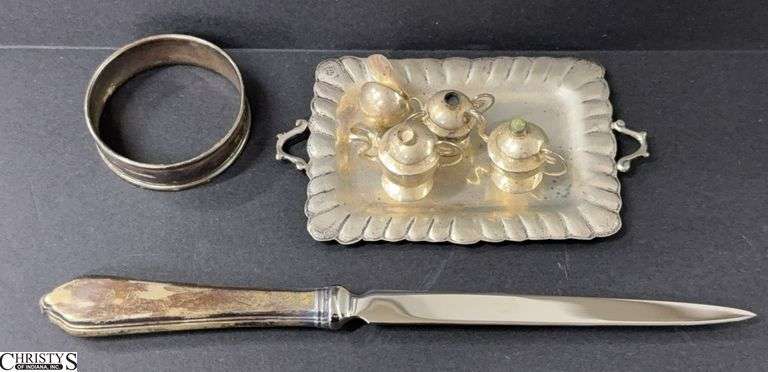 Sterling Napkin Ring 1.75" Round, Sterling Handle Letter Opener 7.5" Long, Sterling Miniature Tea Set Tray 4x2" Teapots Unmarked image