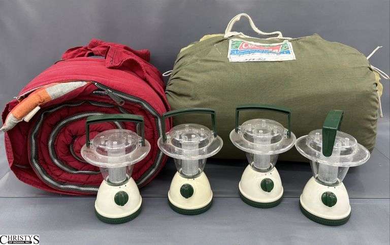 2 Sleeping Bags, 4 Small Lanterns - 6" of lantern image