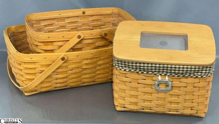 3 Longaberger Baskets - Gathering and Storage - 18" x 12" x 6" of largest - one handle needs repair image