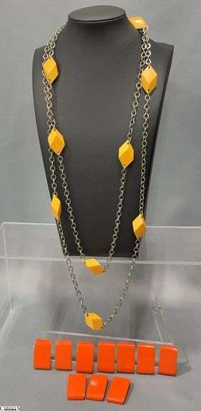 Bakelite Necklace 64" Long, 10 Pieces Bakelite With 2 Holes 1.5" x1" Each image