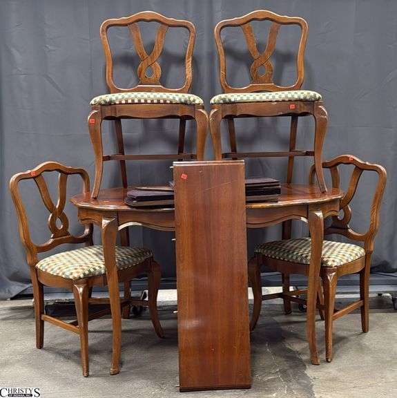 Dining Table WM Block Table 53.5"x27" Leaf 12" and 4 Chairs With Table Pads, Some Wear, Scuffs, and Spots on Finish image