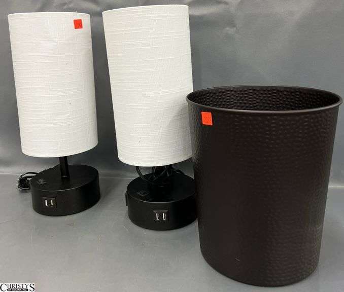 2 USB Outlet Table Lamps, Small Trashcan. 15" H of lamps. image