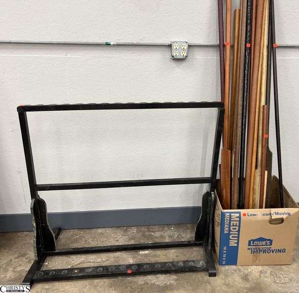 Martial Arts Bo Staffs Long Stick Hand Training Weapons and Stand. 72" of longest stick. Stand is loose, shows wear. image