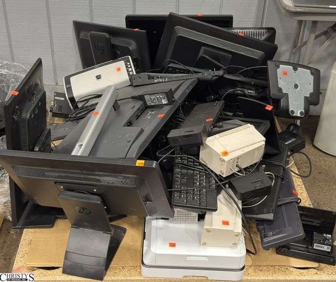 Pallet of Epson Scanner and Printer, Fuji Printer, Monitors, Docking Stations, Keyboards, Unknown Condition and Untested image