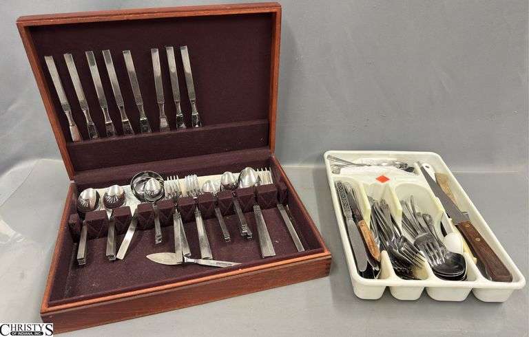 Stainless Flatware in Drawer Organizer and Wooden Storage Box image