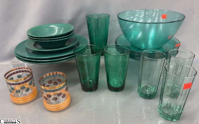 Green Tone Glassware, Plates, & Bowls. 10.5" of largest plate. image