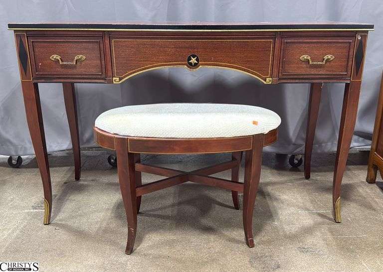 Northern Furniture Co Triple Drawer Desk With Oval Upholstered Stool, Some Scuffing to Finish, 48x18.5x30", Stool 26x15x17" Tall image