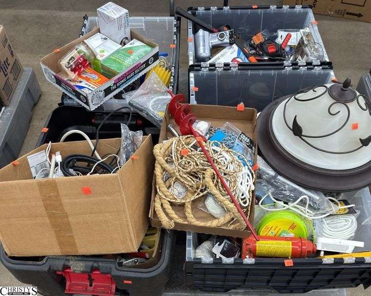 Skid of Tools, Hardware, Totes, Door Hardware, Lighting Parts, Misc. SKID NOT INCLUDED. image