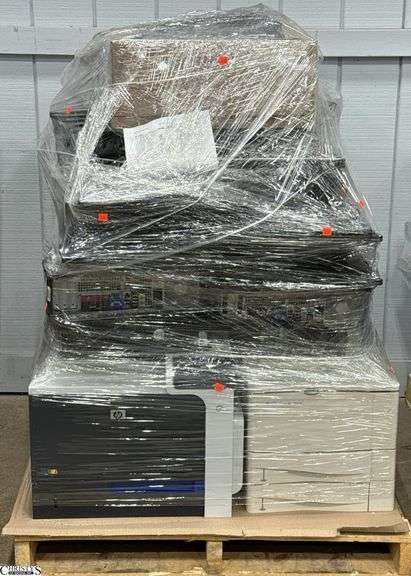 Pallet of Untested Electronics, Desktop CPUs, Laptops (Unknown Condition and Software), Printers, Keyboards, Mice, Picture of Inventory List Has NOT Been Verified, We Do Not Guarantee Items Are Present, Skid Can Go image