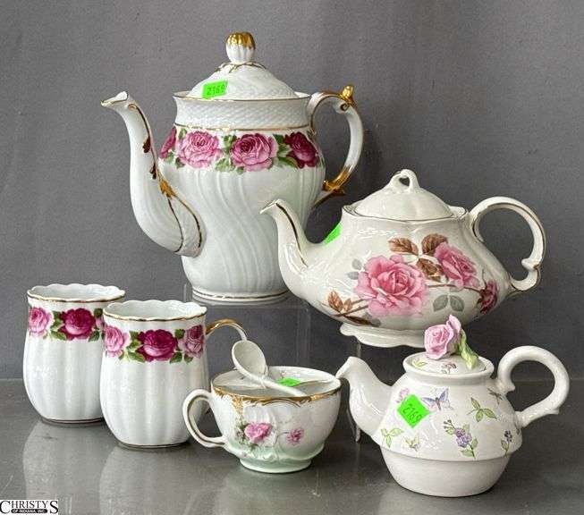 Rose Motif Tea Pots, Cups, Tallest 8" image
