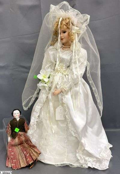 Bride Doll On Stand 26", Porcelain Head Doll Both Have Wear image