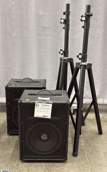 2 10" Horn Speaker System and 2 Tripod Speaker Stands. 14" x 11" x 19" of each speaker image