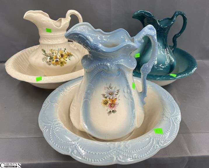 3 Antique Pitcher and Basin Bowls Largest 16.5" Some Wear and Imperfections image