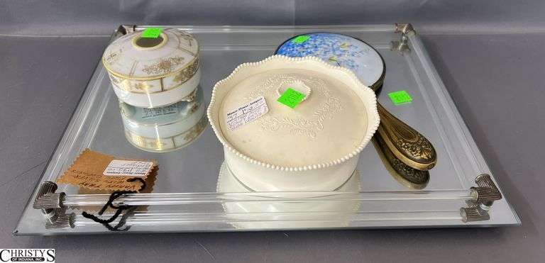 Mirrored Vanity Tray, Hand Mirror (Cracked), Powder Box, Hair Receiver, Tray 16x12" image