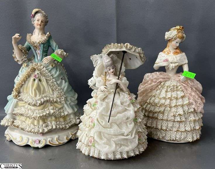 3 Dresden Style Lady Figurines 10" Tallest All Have Some Damage image