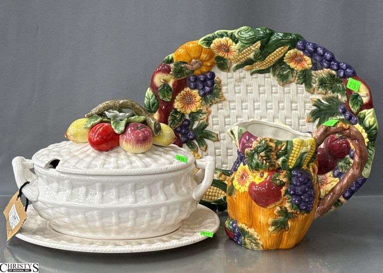 Ceramic Tureen with Lid, Fruit Motif Tray and Pitcher 16" image