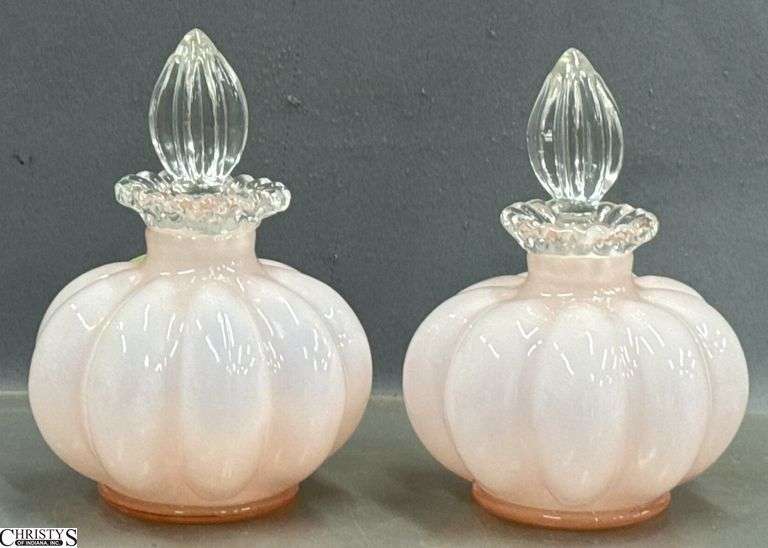 Pair of Fenton Peach Cologne Bottles With Stoppers 5.5" image