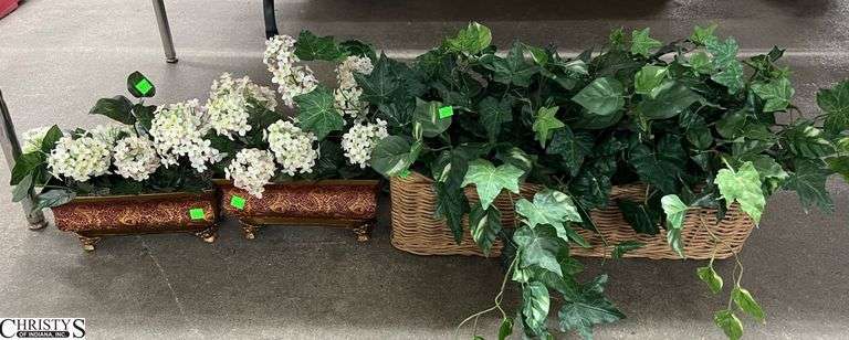 3 Artificial Flower Arrangements, Basket and Metal Planters image
