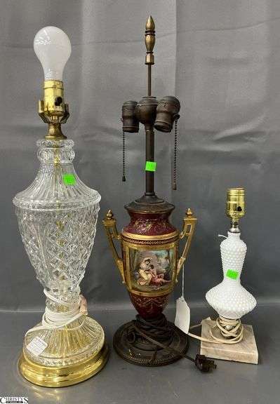 3 Table lamps, Brass and Glass, Tallest Double Light Has Damage image