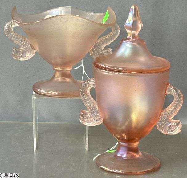 Fenton Satin Rose Dolphin Bowl and Compote Tallest 9" image