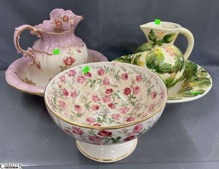 2 Pitcher and Bowls One Made In Italy, Footed Bowl Some Wear, Largest 15.5" Wide image