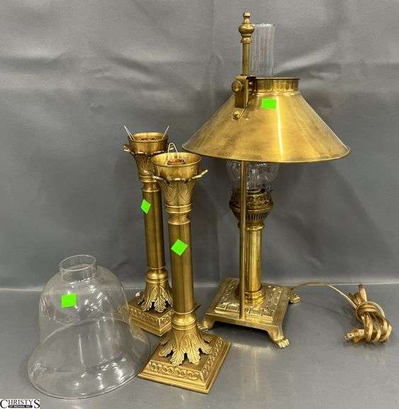 3pcs Antique Brass Adjustable Lamp, Pair of Brass Candlesticks With 1 Globe Missing 19.5" lamp image