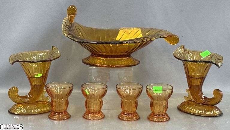 Fenton Amber Glass Console Set, Bowl 10" and Cornucopia Pair, 4, 1oz Cups image