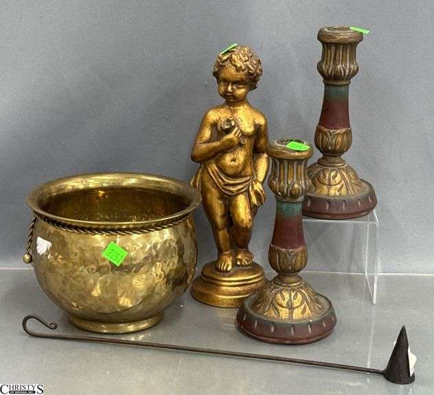 Brass Planter, Chalkware Angel 11.5", Candle Sticks, Snuffer image