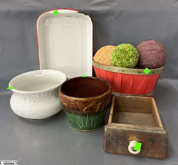 Primitive Pottery, Fabric Balls, Basket, Porcelain Coated Pan 15x10" image