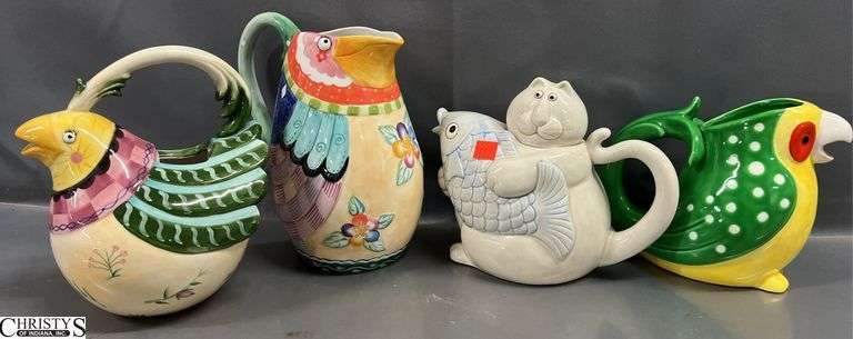 4 Fitz & Floyd Teapot & Pitchers. Some Chipping. 8" of tallest. image