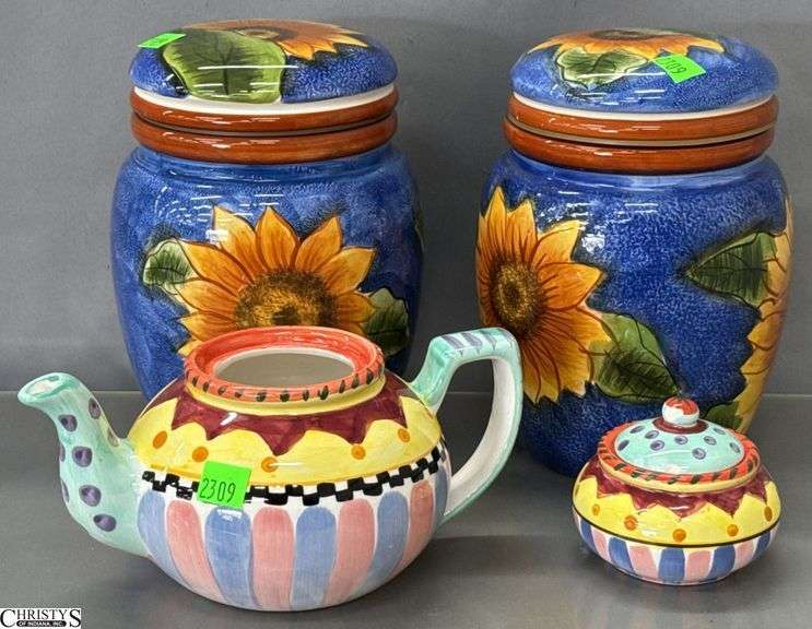 Ceramic Painted Canisters, and Tea Pot Missing Lid image