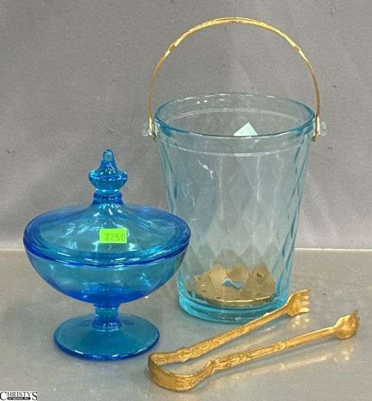 Fenton Diamond Optic Ice Bucket and Tongs 6.5", Aquamarine Blue Puff Box image