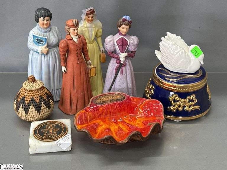 Trinket Music Box With Swan, Avon Bottles, Tourist Ashtray, and Basket image