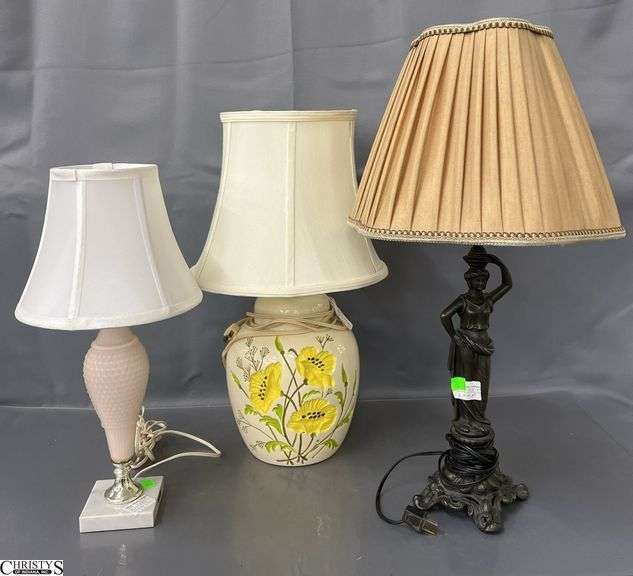 3 Table lamps, Figural Tallest 24", Pottery, Satin Glass Mineral Base image