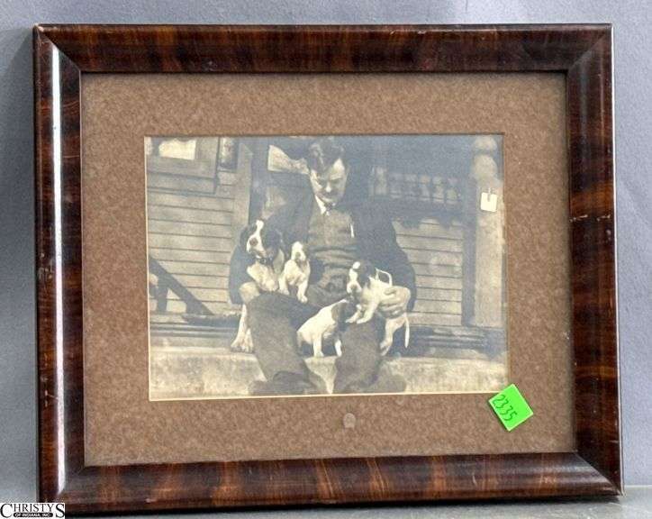 Black and White Framed Photo of Man and Dogs 12.5x10" image