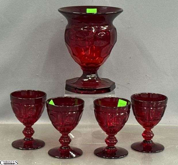 Ruby Red Fenton Spittoon Vase and 4, 2oz Goblets image