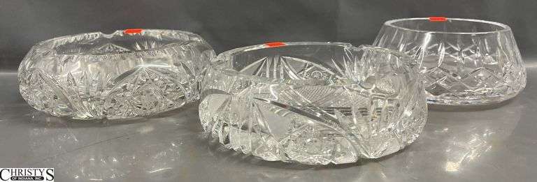 2 Cut Glass Ashtrays & Waterford Lismore Crystal Dish. 8" D of largest. image