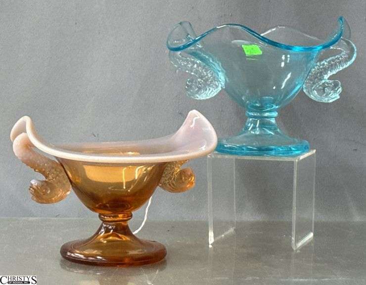 Fenton Opalescent and Cameo, Aquamarine Dolphin Bowls 6x4.5" image